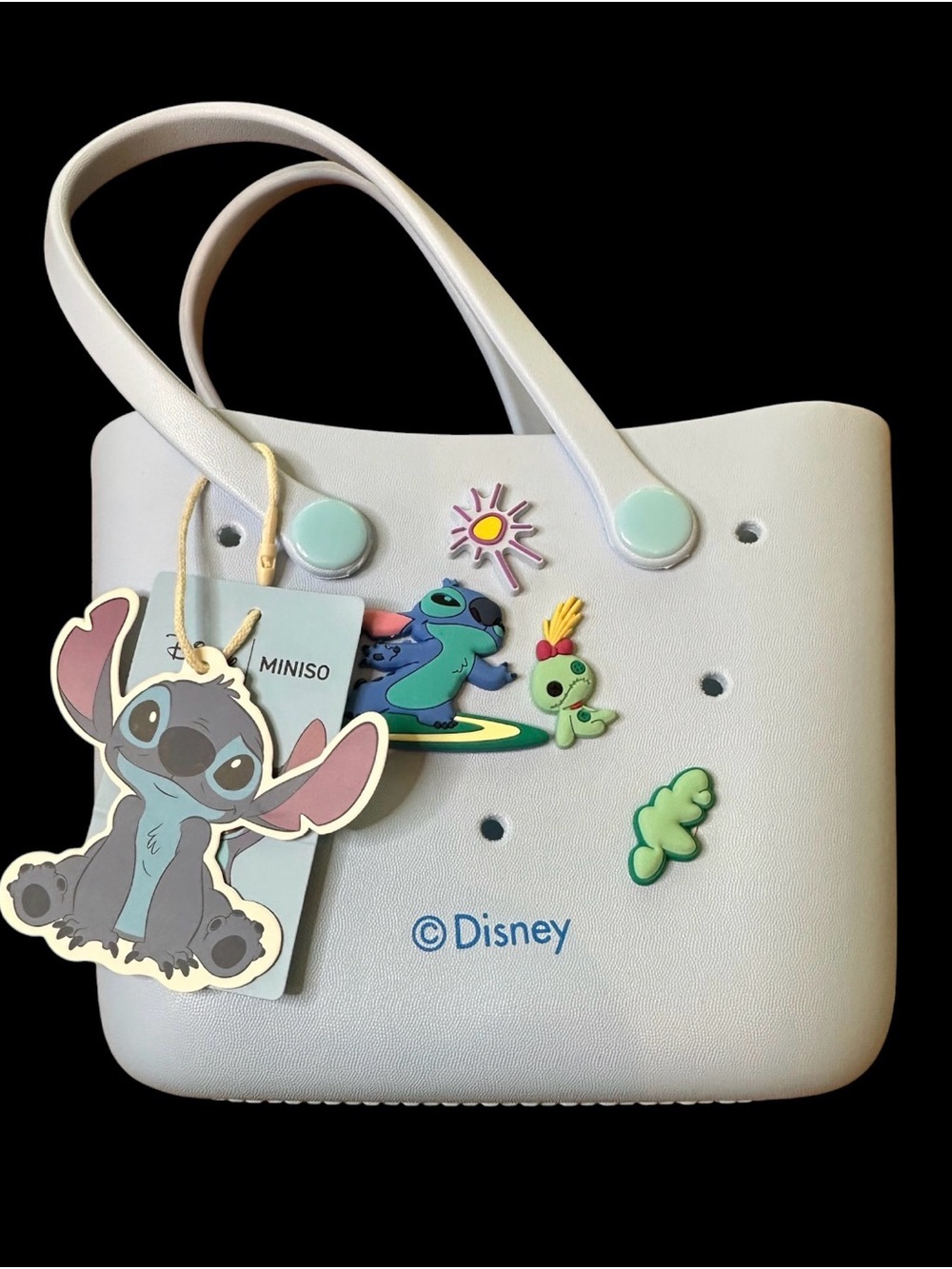 NWT Miniso Disney Light Blue Stitch Tote Bogg-Bag-Style with Charms